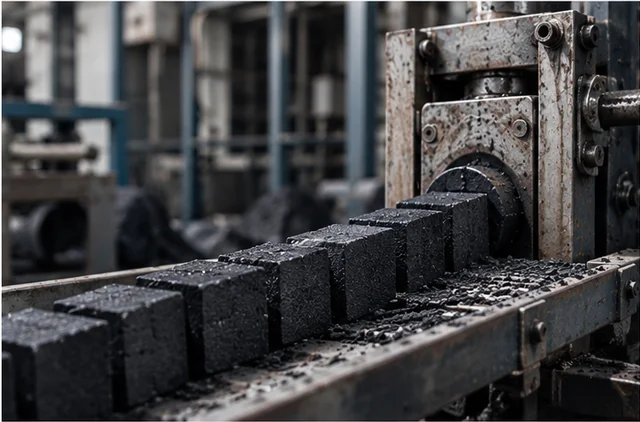 Charcoal briquettes moving along a production line