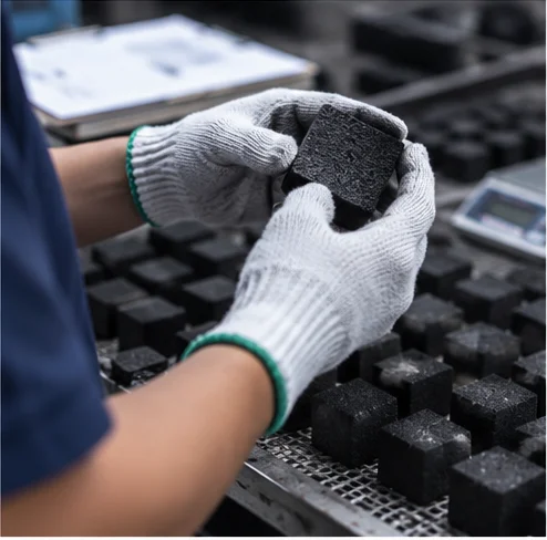 Gloved hands inspecting a charcoal briquette
